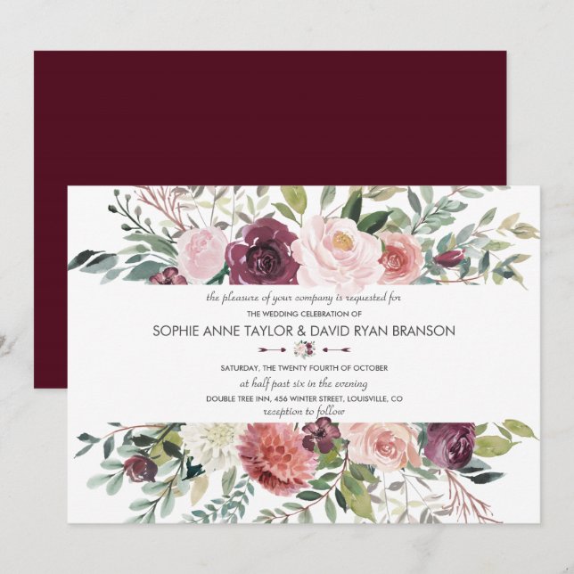 Charmante Blume mit Blush bestechen durch Burgundy Einladung (Vorne/Hinten)