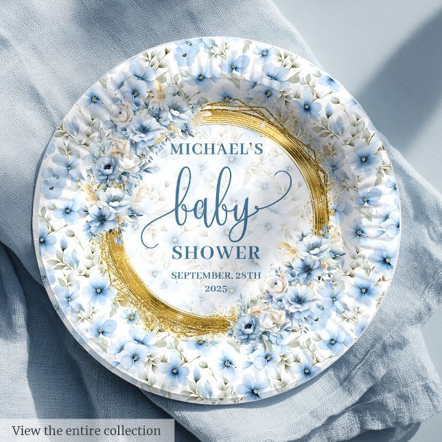 Charmante duckige blaue Blumen Goldbabydusche Pappteller (Charming dusty blue flowers gold boy baby shower Paper Plates)