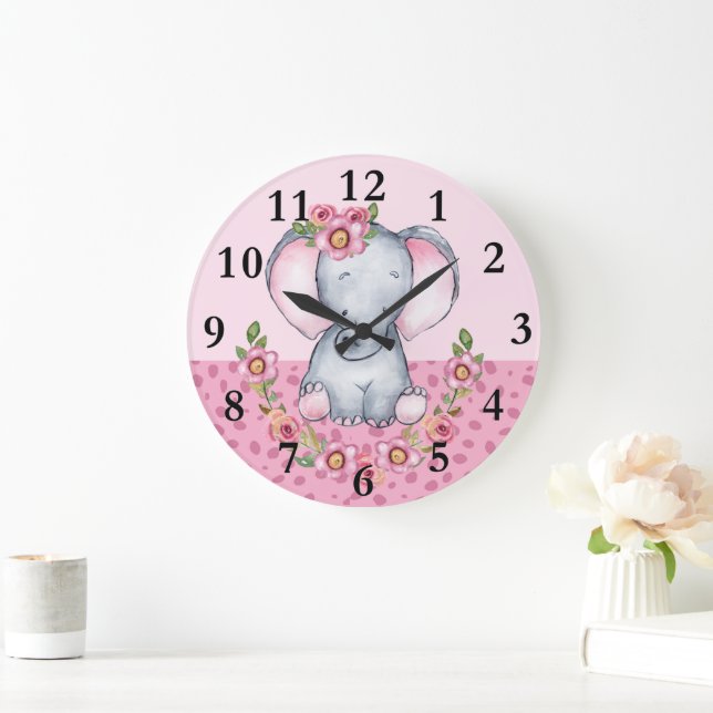 Charmante Elephantin Rosa Blumentierdruckerei Große Wanduhr (Zuhause)