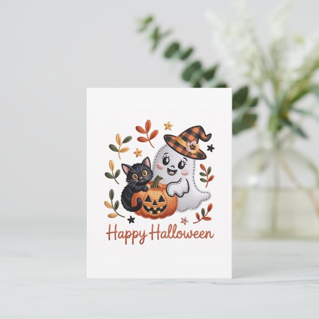 Charmante Halloween-Grußkarte - HandGezeichnet Emb Postkarte (Stehend Vorderseite)