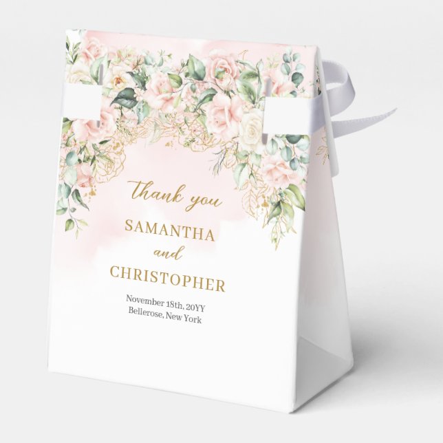 Charmante hellrosa Rose Grün & Goldhochzeit Geschenkschachtel (Rückseite)