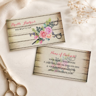 Charmante Holzschere und Rose Friseurstylistin Visitenkarte