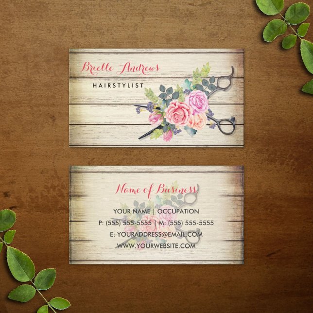 Charmante Holzschere und Rose Friseurstylistin Visitenkarte (Charming Barn Wood Scissors and Roses Hairstylist Business Cards)