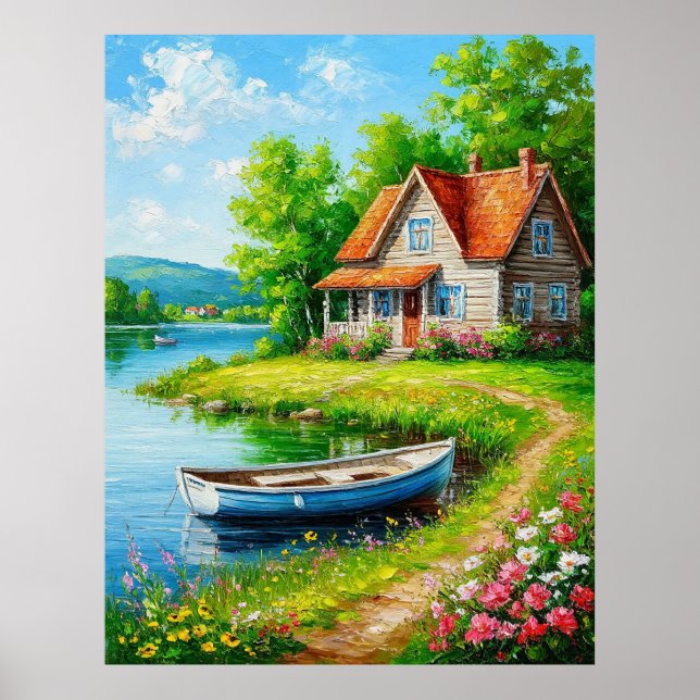 Charmante Hütte am See mit einem Boot Poster (Vorne)