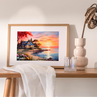 Charmante Hütte Seascape Ruhiger Sonnenuntergang Poster