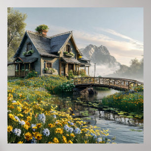 Charmante Hütte umgeben von farbenfroher Wildblume Poster