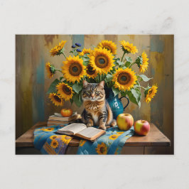 Charmante Katze mit SonnenblumenBouquet Postkarte
