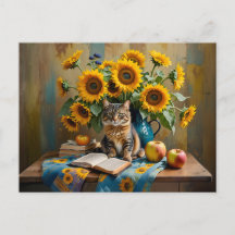 Charmante Katze mit SonnenblumenBouquet