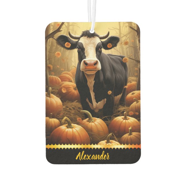 Charmante Kuh unter Kürbis an einem goldenen Herbs Autolufterfrischer (Rückseite)