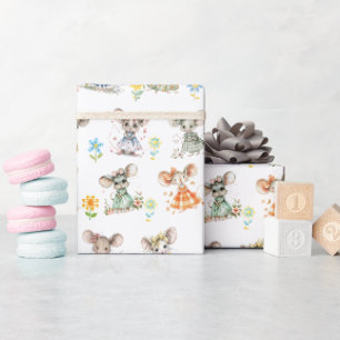 Charmante Mäuse in Kleider - Delikate, florale Whi Geschenkpapier