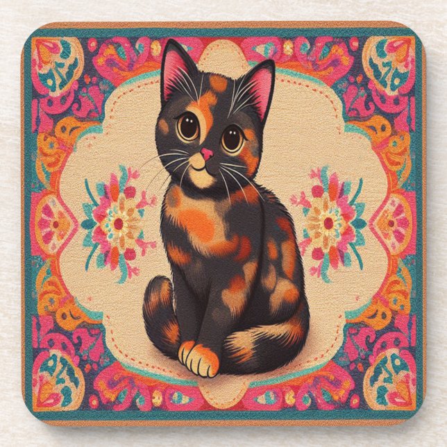 Charmante Niedliche Tortoiseshell Katze Vibrannt B Getränkeuntersetzer (Vorderseite)