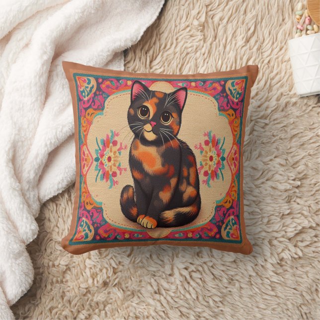 Charmante Niedliche Tortoiseshell Katze Vibrannt B Kissen (Decke)