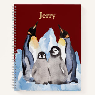 Charmante Penguin-Familie mit Namen auf Burgund Hi Notizbuch