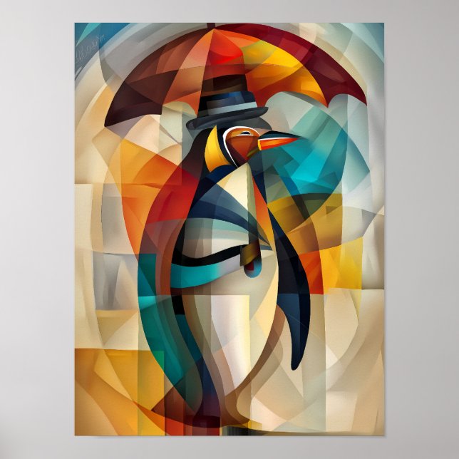 Charmante Pinguin - kubistische Dandy im Regen Poster (Vorne)