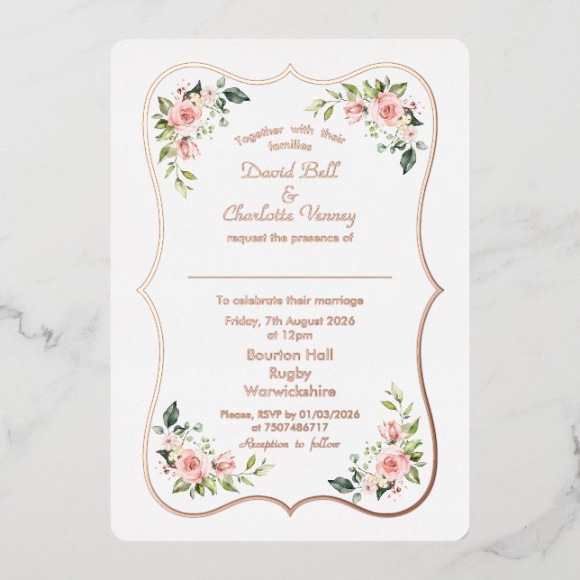 Charmante Rosa Blume Rose Gold Frame Hochzeit Folieneinladung (Vorderseite)