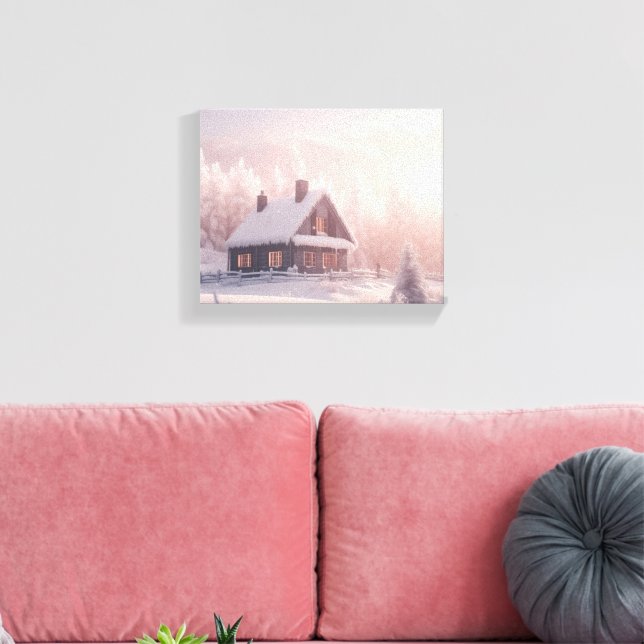Charmante, schneebedeckte Holzhütte in einem Wald Leinwanddruck (Insitu (Wohnzimmer))
