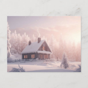 Charmante, schneebedeckte Holzhütte in einem Wald Postkarte