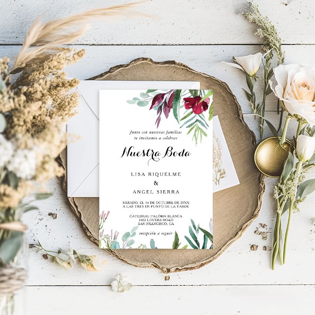 Charmante tropische Vegetation Spanische Hochzeit Einladung (Von Creator hochgeladen)