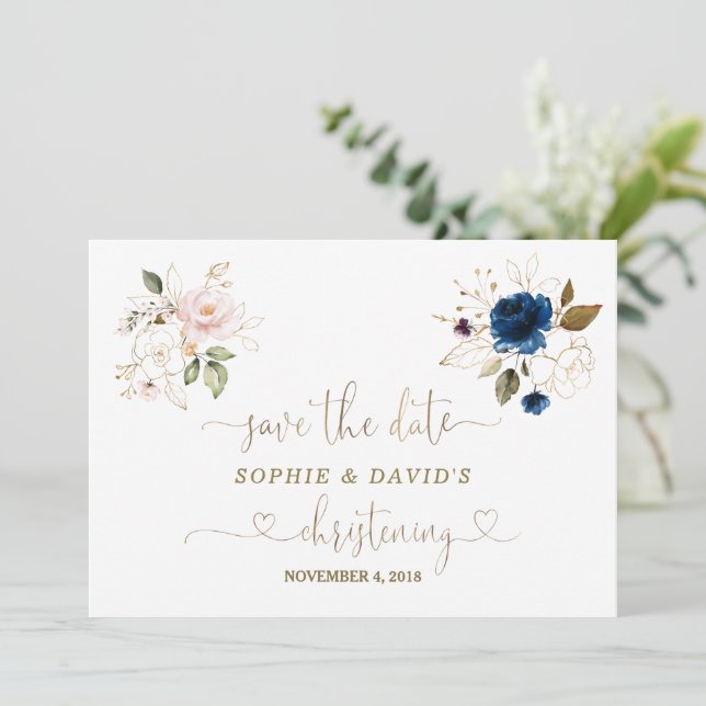 Charmante Twins Pink Blue Floral Gold Christening Save The Date (Stehend Vorderseite)