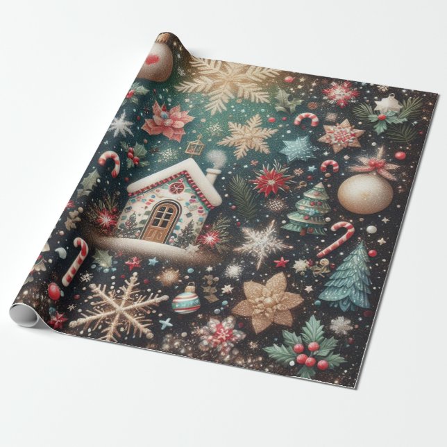Charmante Vintage Hütten Weihnachten Geschenkpapier (Ungerollt)