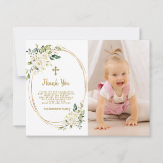 Charmante Weiße Blume Gold Foto Christening Dankeskarte