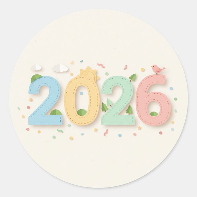 Charmante Zahlen 2026 im Pastellpapierausschnitt Runder Aufkleber (Vorderseite)