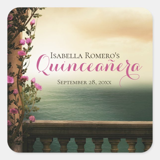 Charmanter Balkon mit rosa Roses Beach Quinceañera Quadratischer Aufkleber (Vorderseite)