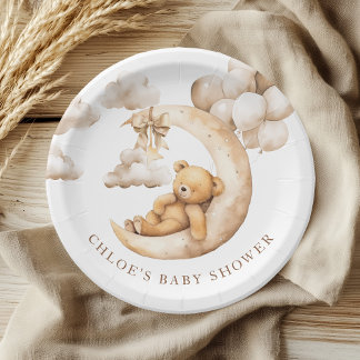 Charmanter Bär über der Mond Babydusche neutral Pappteller