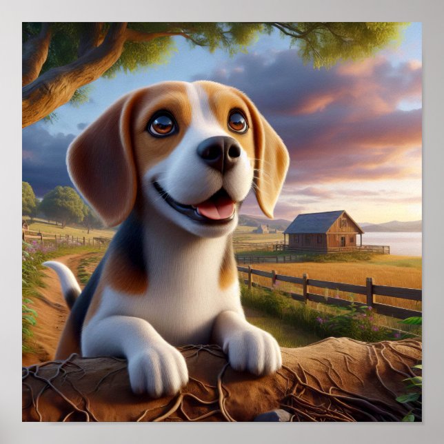 Charmanter Beagle in rustikaler Landschaft Poster (Vorne)