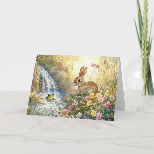 Charmanter Bunny & Frog Wasserfarben-Stil Dankeskarte (Vorderseite)
