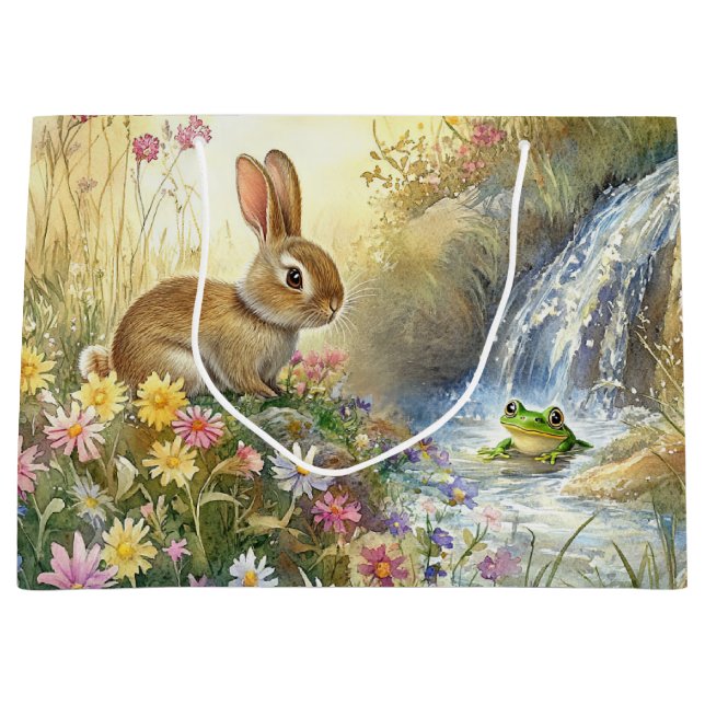 Charmanter Bunny & Frog Wasserfarben-Stil Große Geschenktüte (Vorderseite)