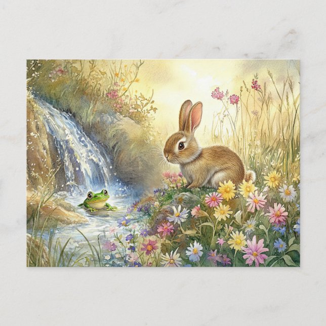 Charmanter Bunny & Frog Wasserfarben-Stil Postkarte (Vorderseite)