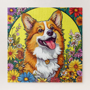 Charmanter Corgi umgeben von farbenfrohen Blumen