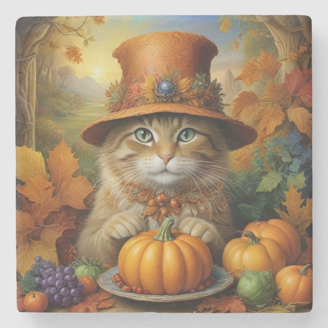 Charmanter festlicher Erntedank Cat in Disguise Steinuntersetzer (Vorderseite)