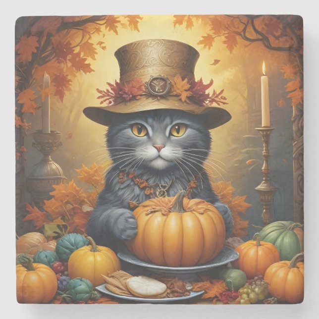 Charmanter festlicher Erntedank Cat in Disguise Steinuntersetzer (Vorderseite)