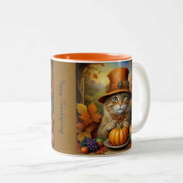 Charmanter festlicher Erntedank Cat in Disguise Zweifarbige Tasse (VorderseiteRechts)