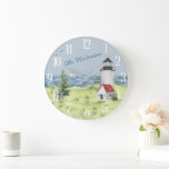Charmanter Leuchtturm Wasserfarbe Name Küstenlands Große Wanduhr<br><div class="desc">Eine hübsche Szene - das charmante Küstenleuchterhaus Weiß und Rot - das kleine Segelboot in der Ferne - personalisiert mit dem Familiennamen,  wie Sie möchten. Bei Fragen zum Design senden Sie uns einfach einen Chat oder eine E-Mail an charmdesignstudio@rcn.com und wir helfen Ihnen gerne weiter.</div>