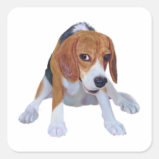 Charmanter ölgemalter Beagle in lustiger Pose Quadratischer Aufkleber (Vorderseite)