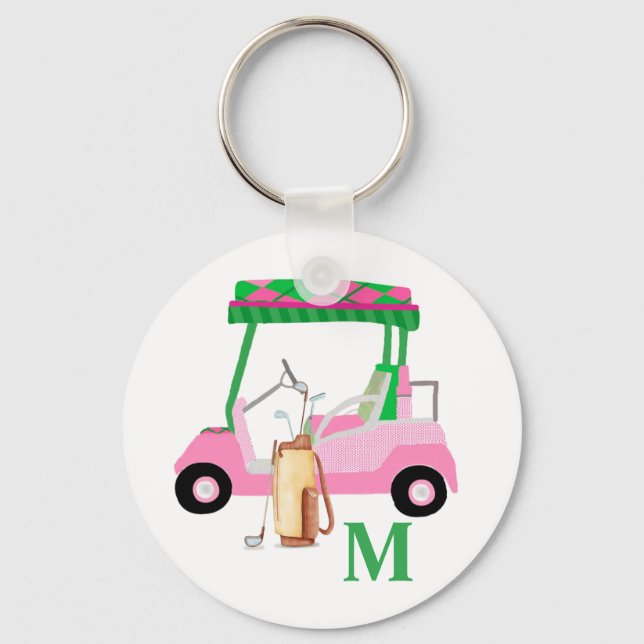 Charmanter Pink Golf Cart mit Clubs und Monogram Schlüsselanhänger (Vorderseite)