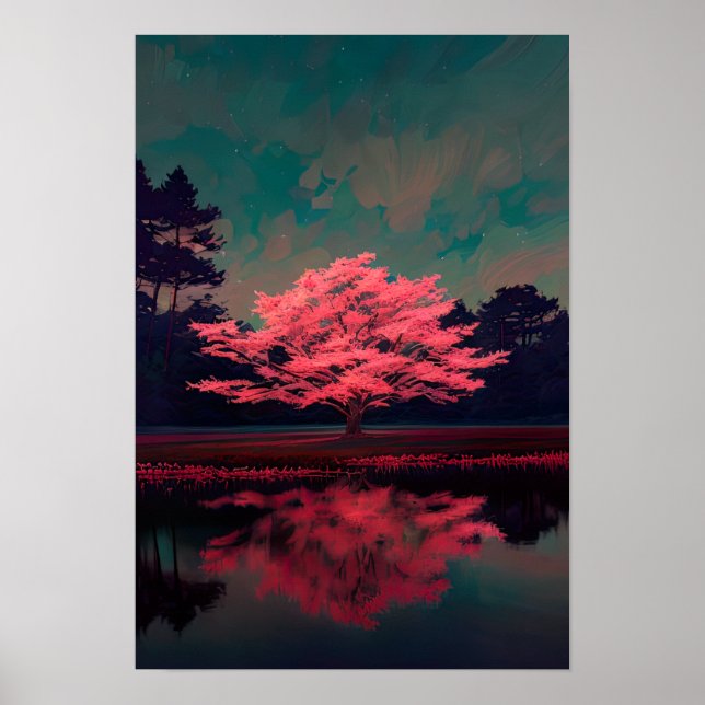 Charmanter Rosa Baum am Reflektivsee Poster (Vorne)