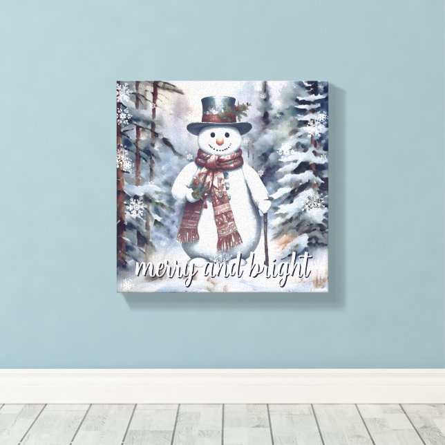 Charmanter Snowman Watercolor Winterwald Leinwanddruck (Insitu (Holzboden))