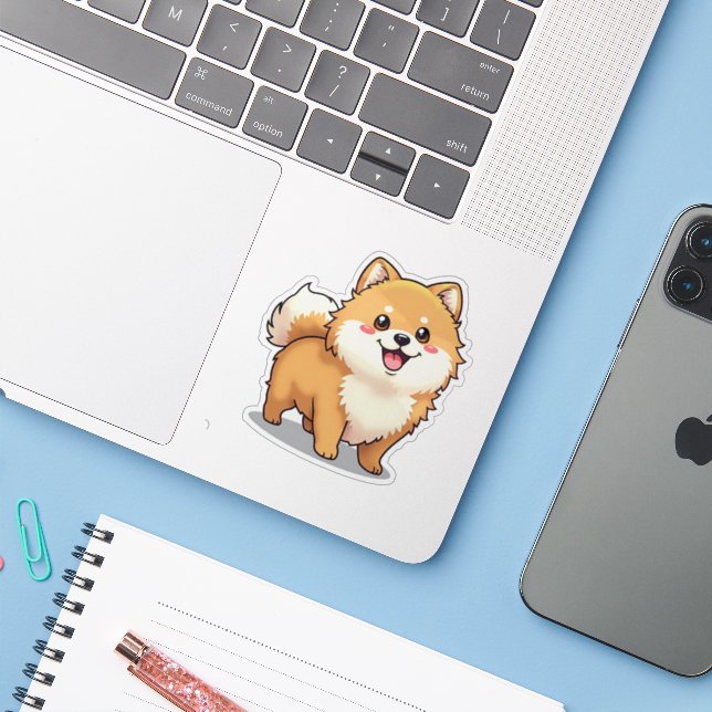 Charmanter Spitz, spielerisch Kawaii Render, klein Aufkleber (Laptop mit iPhone)