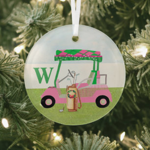 Charmanter WeihnachtsGolf Cart mit Clubs Monogram Ornament Aus Glas