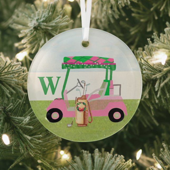 Charmanter WeihnachtsGolf Cart mit Clubs Monogram Ornament Aus Glas (InSitu)