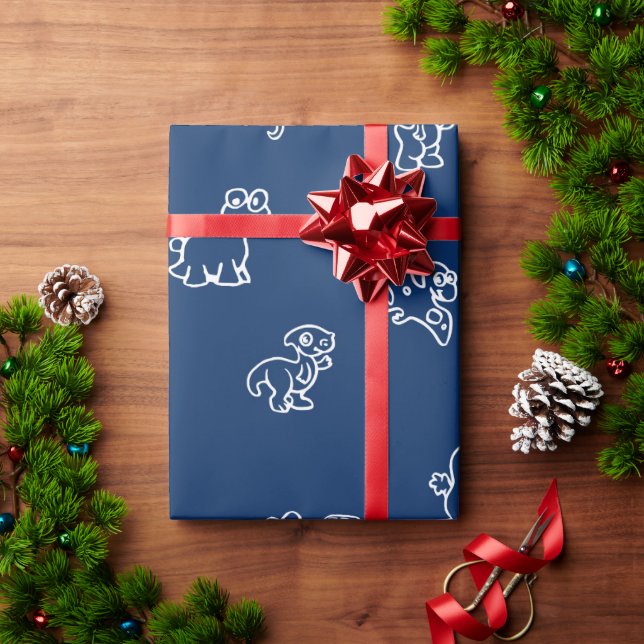 Charmanter Weißer Cartoon Dinos auf der Marine Blu Geschenkpapier (Feiertagsgeschenk)