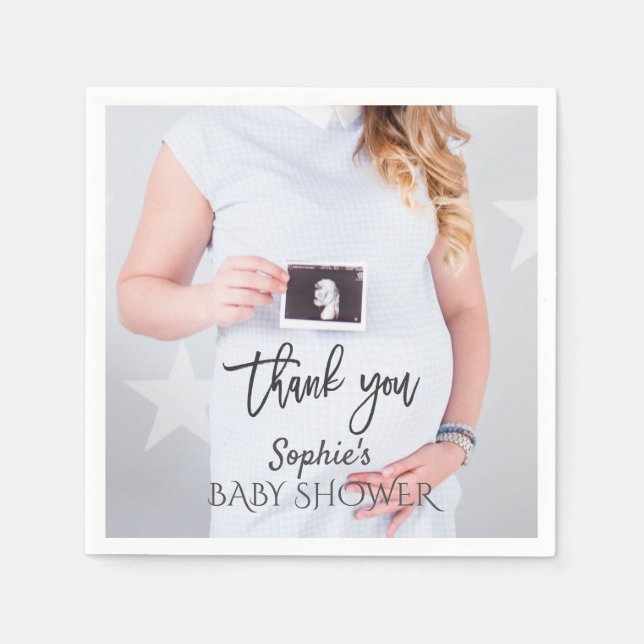 Charmantes Foto Baby Duschhandschrift Danke Serviette (Vorderseite)