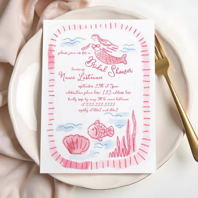 Charmantes handgezeichnetes rosa Meerjungfrau-Brau Einladung (Von Creator hochgeladen)