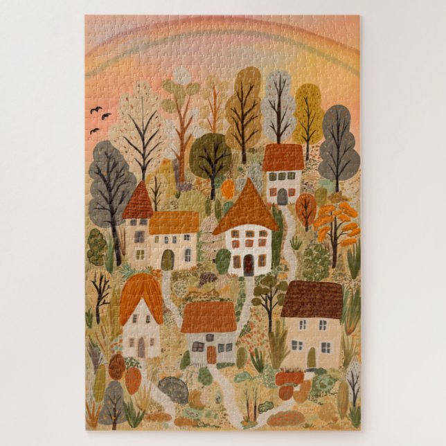 Charmantes Herbstdorf Herbst Wasserfarben Kunst, K (Vertikal)