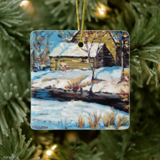 Charmantes ländliches Winterhäuschen  Keramikornament