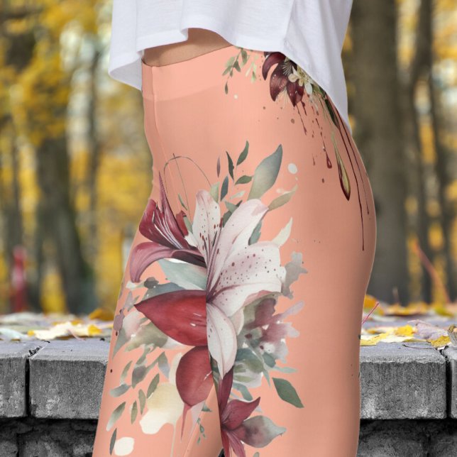 Charmantes Pfirsichrosa Blumenmuster Muster Leggings (Bouquets on Peach)